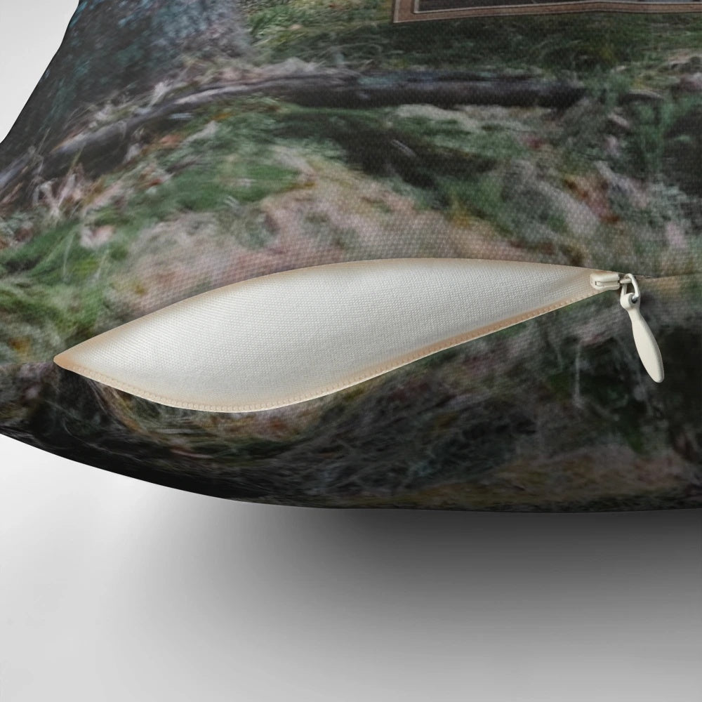 Collage art pillow featuring a mirror framed in a vintage woods and nature landscape design