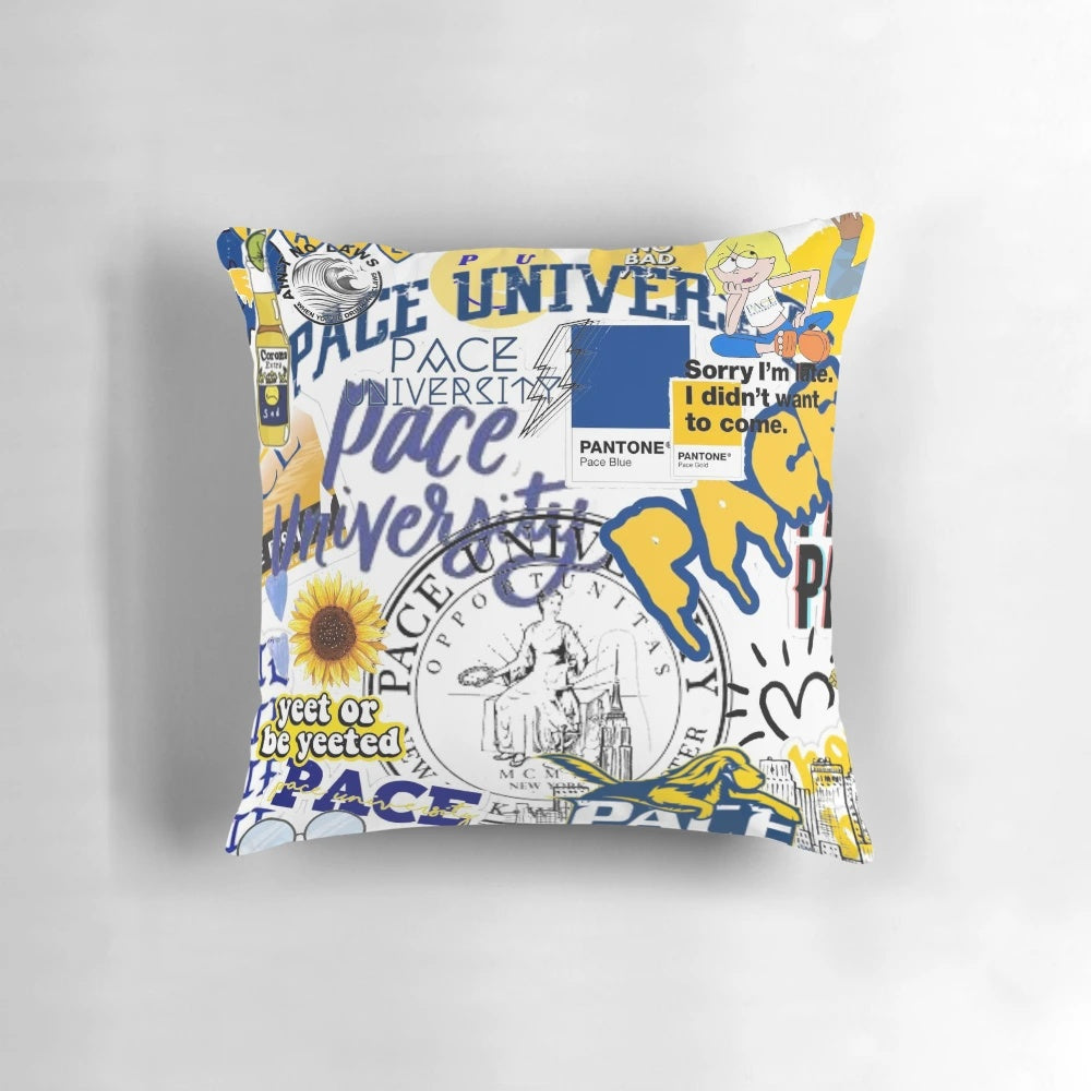 Pace University-inspired collage artwork printed on a high-quality pillow