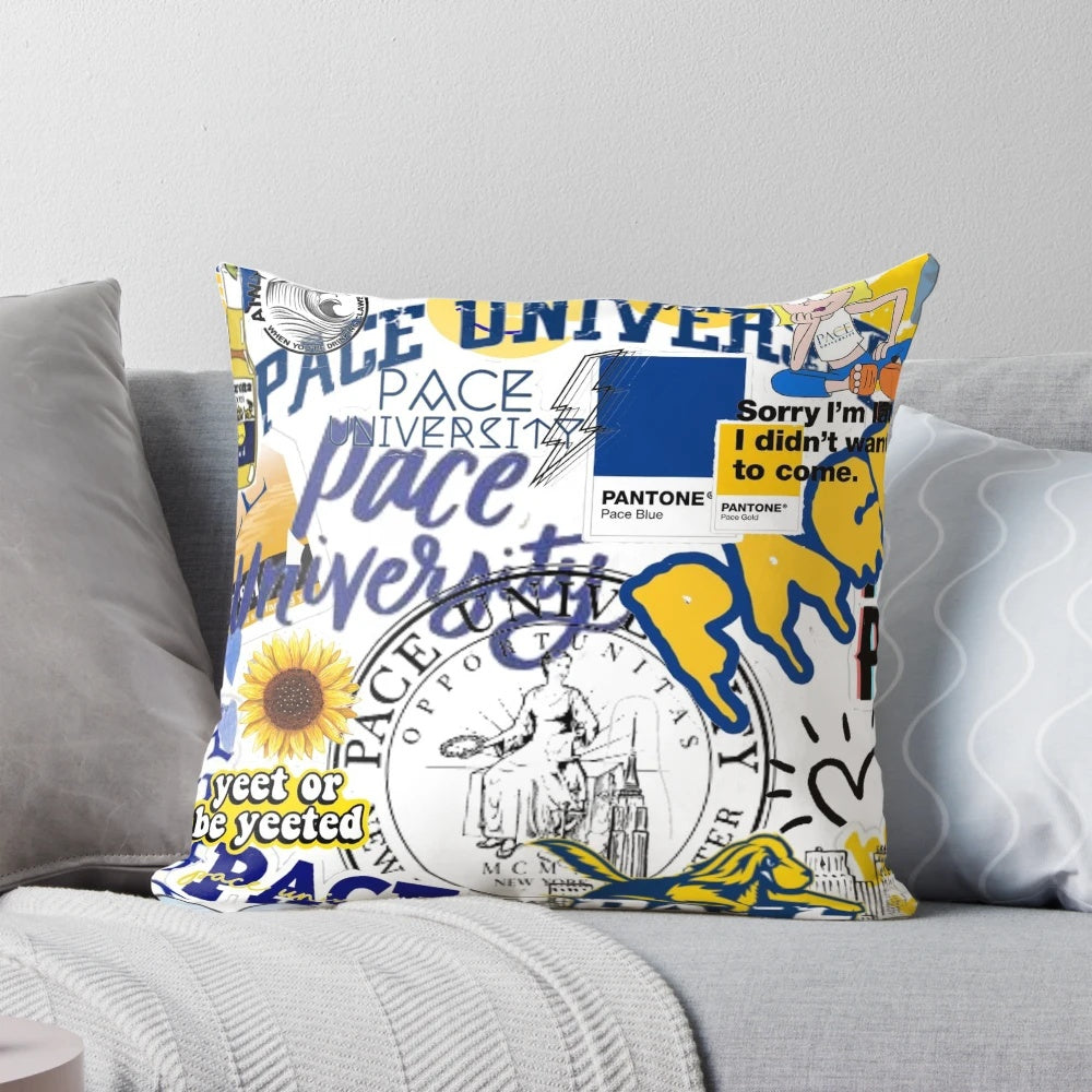 Pace University-inspired collage artwork printed on a high-quality pillow