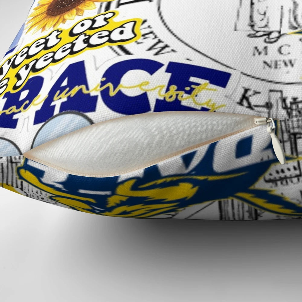 Pace University-inspired collage artwork printed on a high-quality pillow