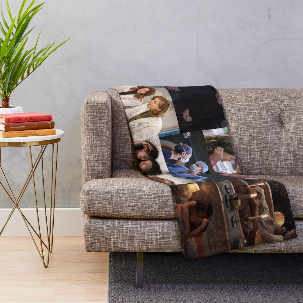 Collage designed plush gray blanket inspired by Grey's Anatomy characters