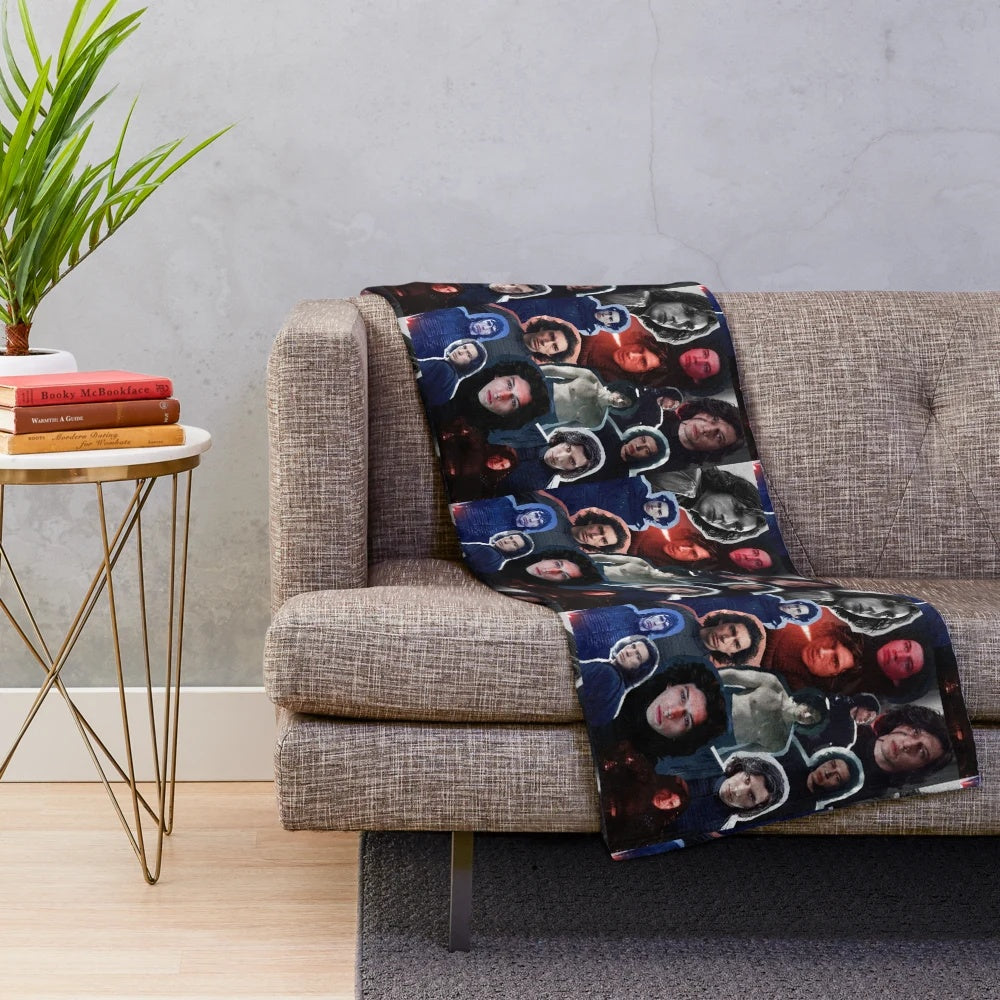 Plush blanket with collage edit of Adam Driver as Ben Solo and Kylo Ren from Star Wars
