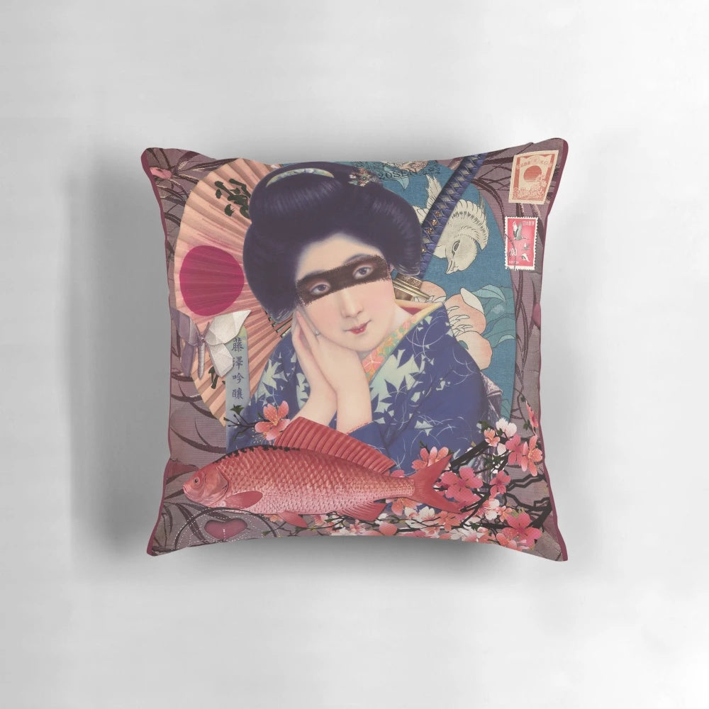 Collage Geisha Samurai Artistic Accent Pillow with Japanese Inspired Imagery