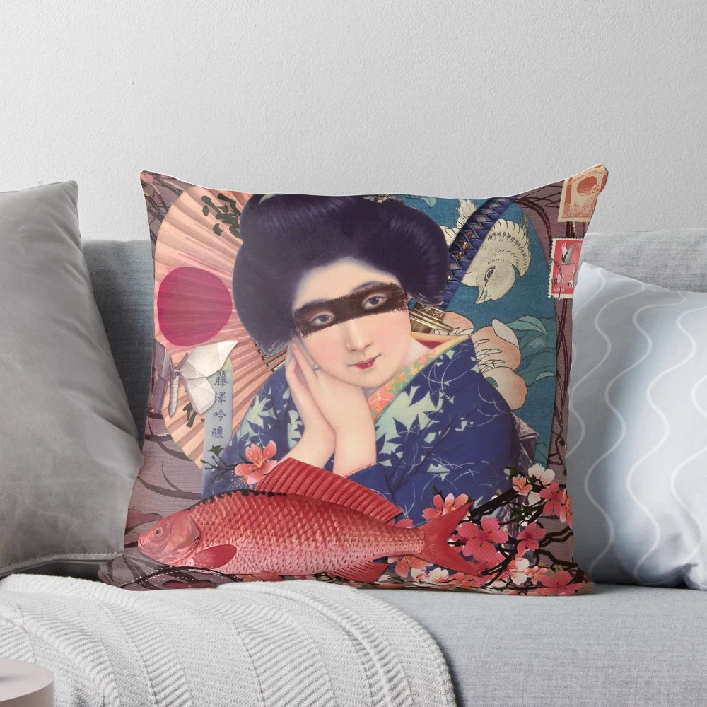 Collage Geisha Samurai Artistic Accent Pillow with Japanese Inspired Imagery