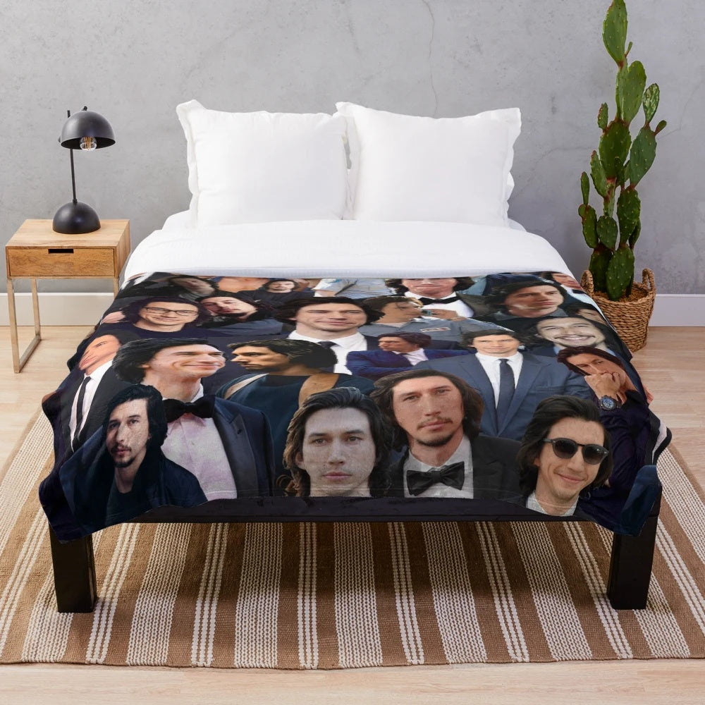 Adam Driver collage-inspired blue plush blanket