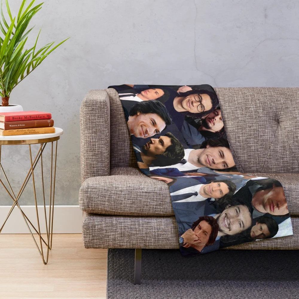 Adam Driver collage-inspired blue plush blanket