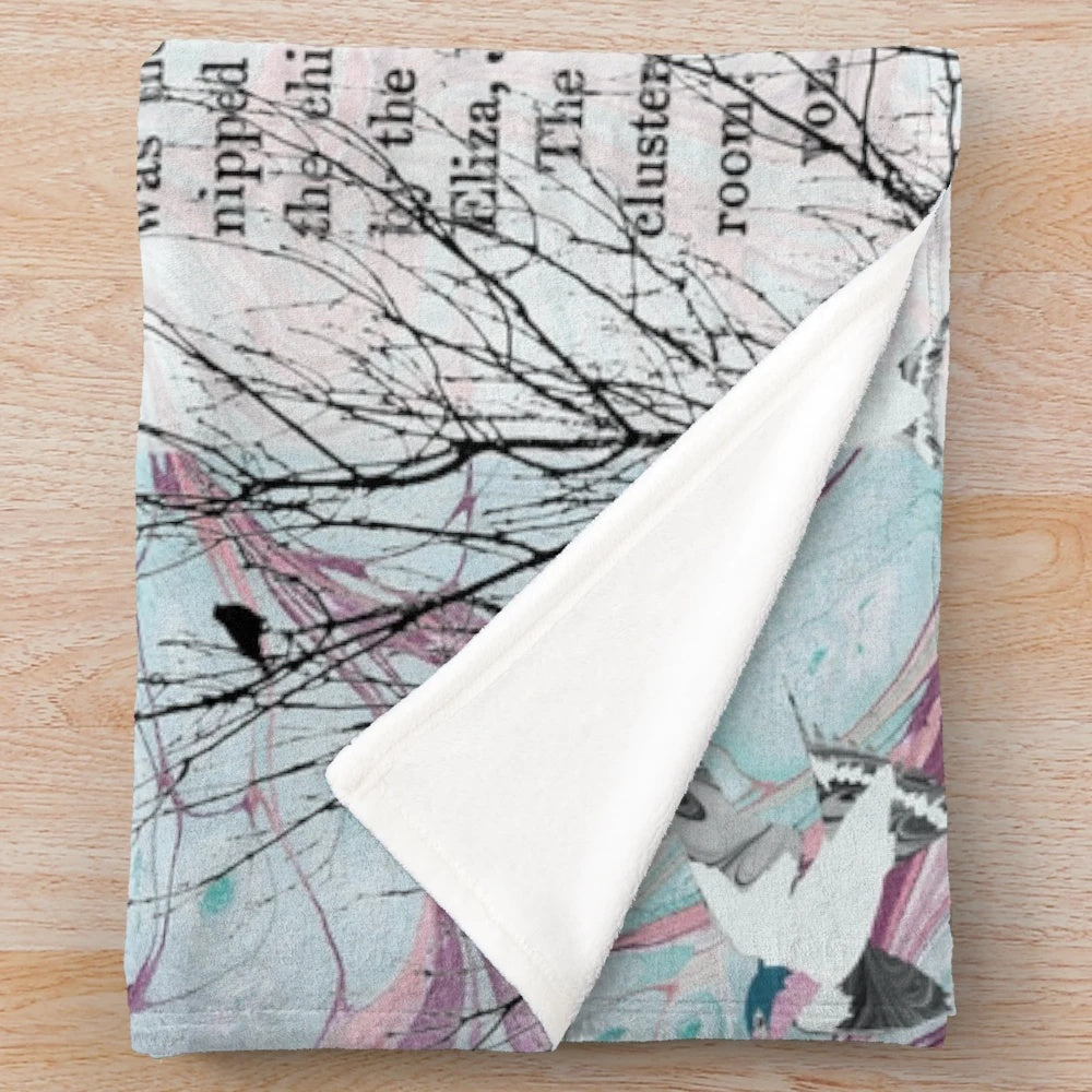 Collage-inspired Jane Eyre plush blanket featuring elements from the classic novel