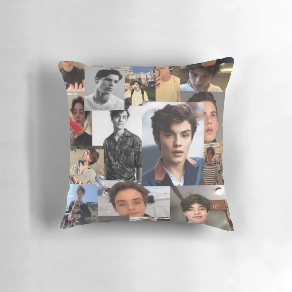 Collage-style pillow featuring images of actor Louis Partridge and other popular characters