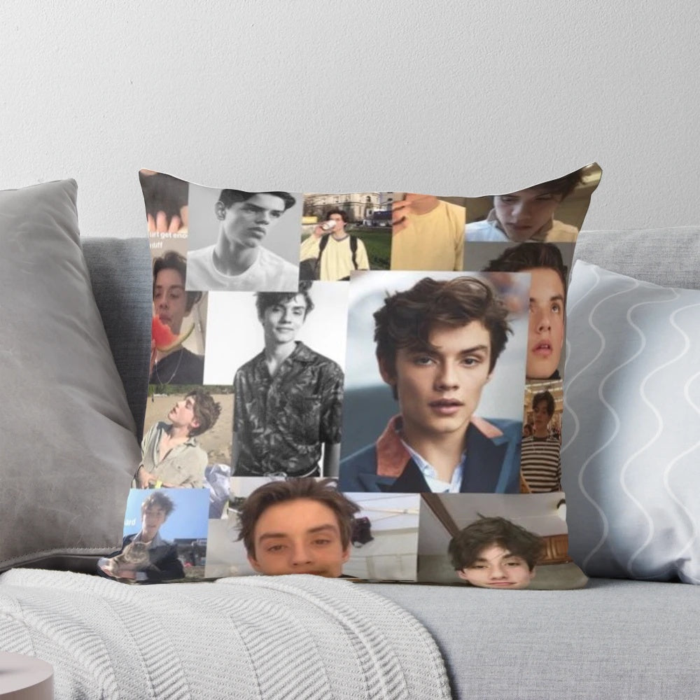 Collage-style pillow featuring images of actor Louis Partridge and other popular characters