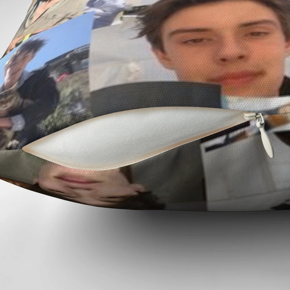 Collage-style pillow featuring images of actor Louis Partridge and other popular characters