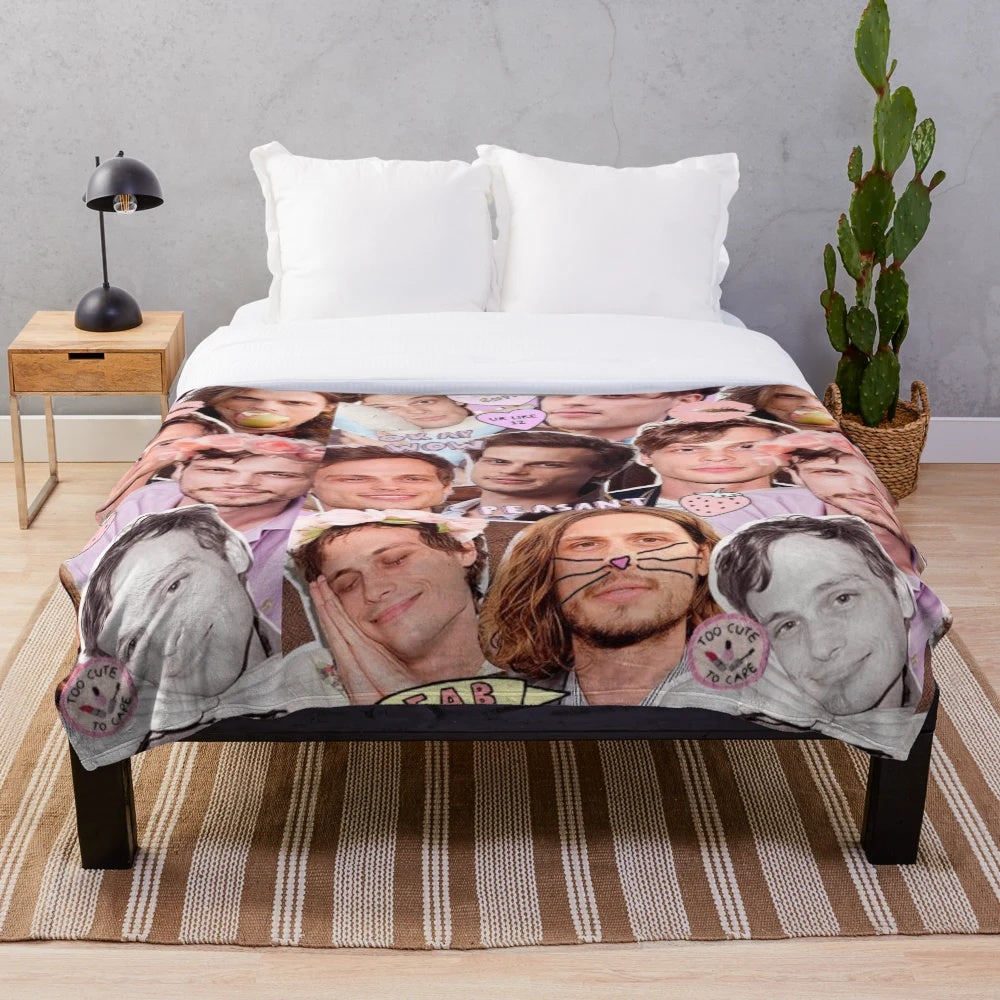 Collage-themed plush blanket featuring actor Matthew Gray Gubler