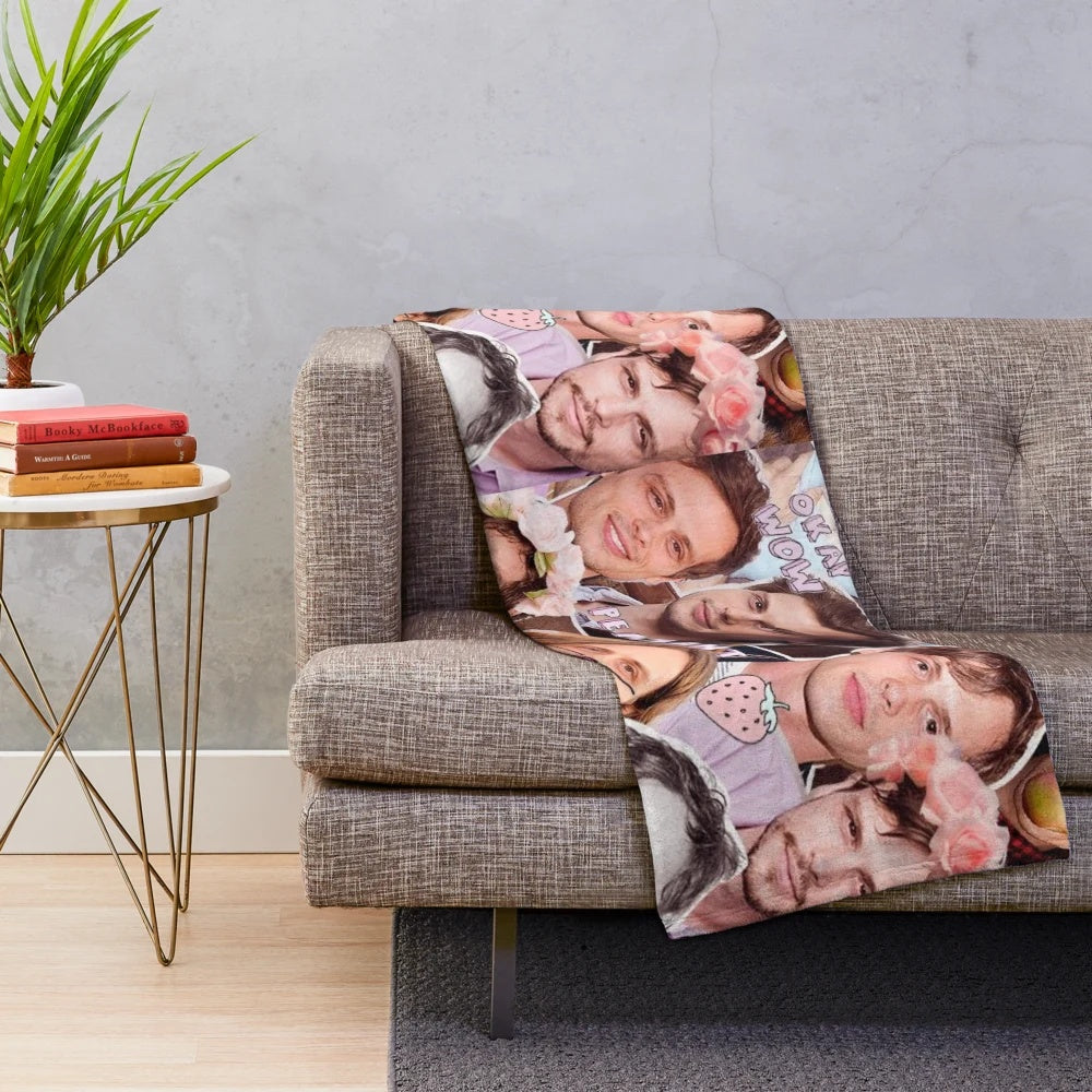 Collage-themed plush blanket featuring actor Matthew Gray Gubler