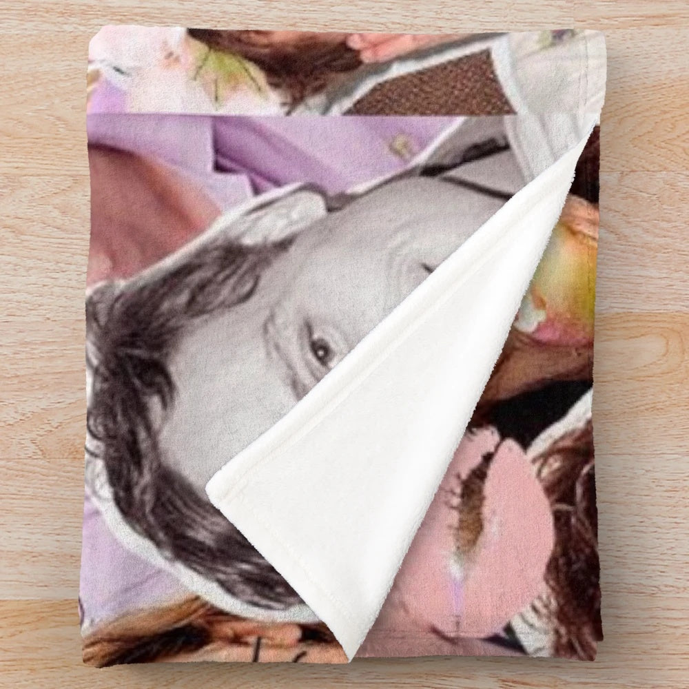 Collage-themed plush blanket featuring actor Matthew Gray Gubler