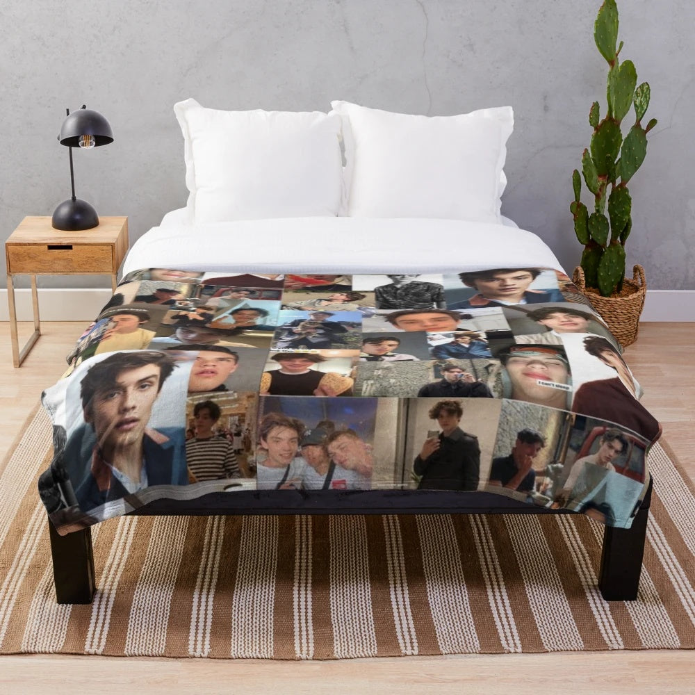 Collage-inspired plush blanket featuring Louis Partridge from the Netflix movie Enola Holmes