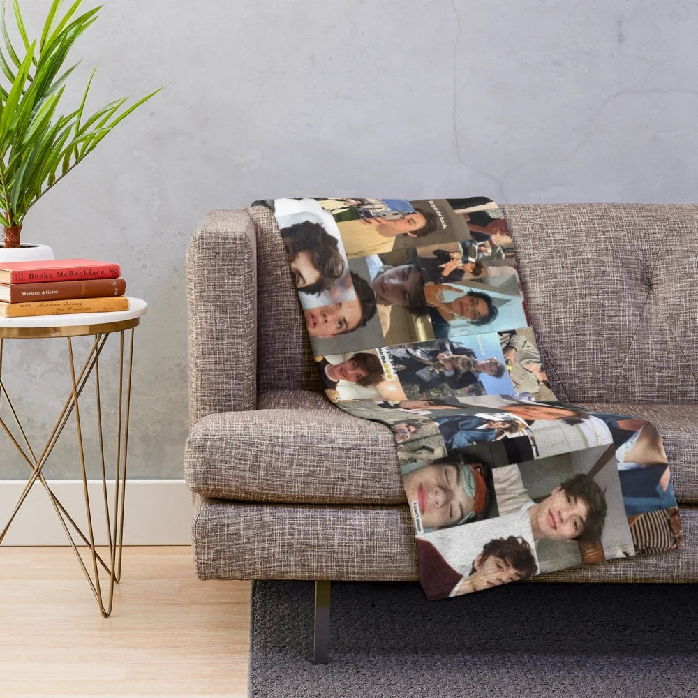 Collage-inspired plush blanket featuring Louis Partridge from the Netflix movie Enola Holmes