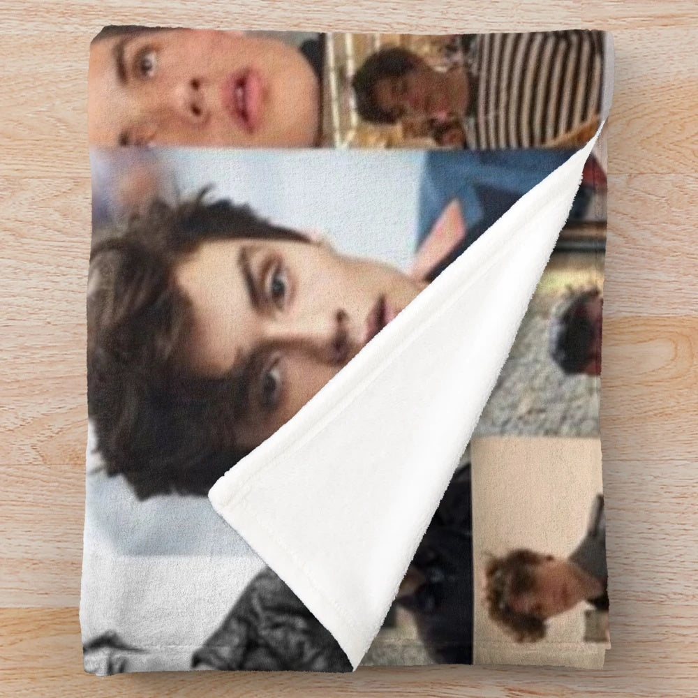 Collage-inspired plush blanket featuring Louis Partridge from the Netflix movie Enola Holmes