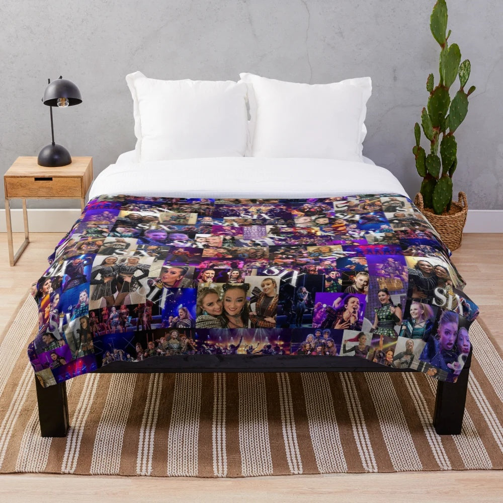 Collage-inspired plush blanket featuring characters from the musical "Six