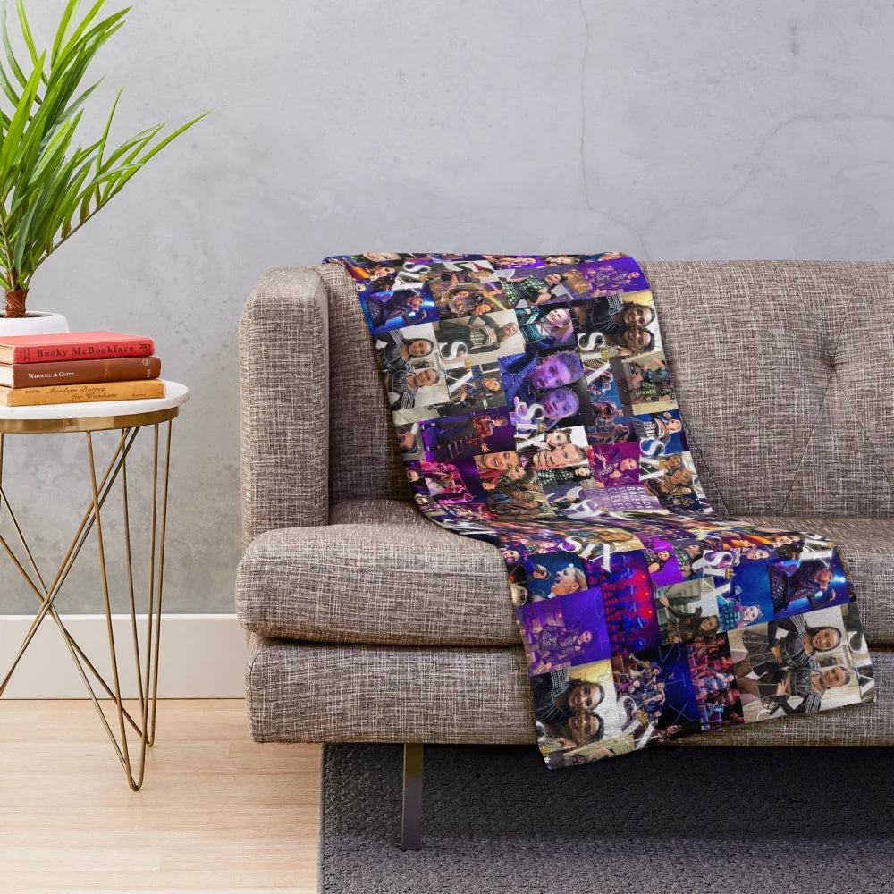 Collage-inspired plush blanket featuring characters from the musical "Six