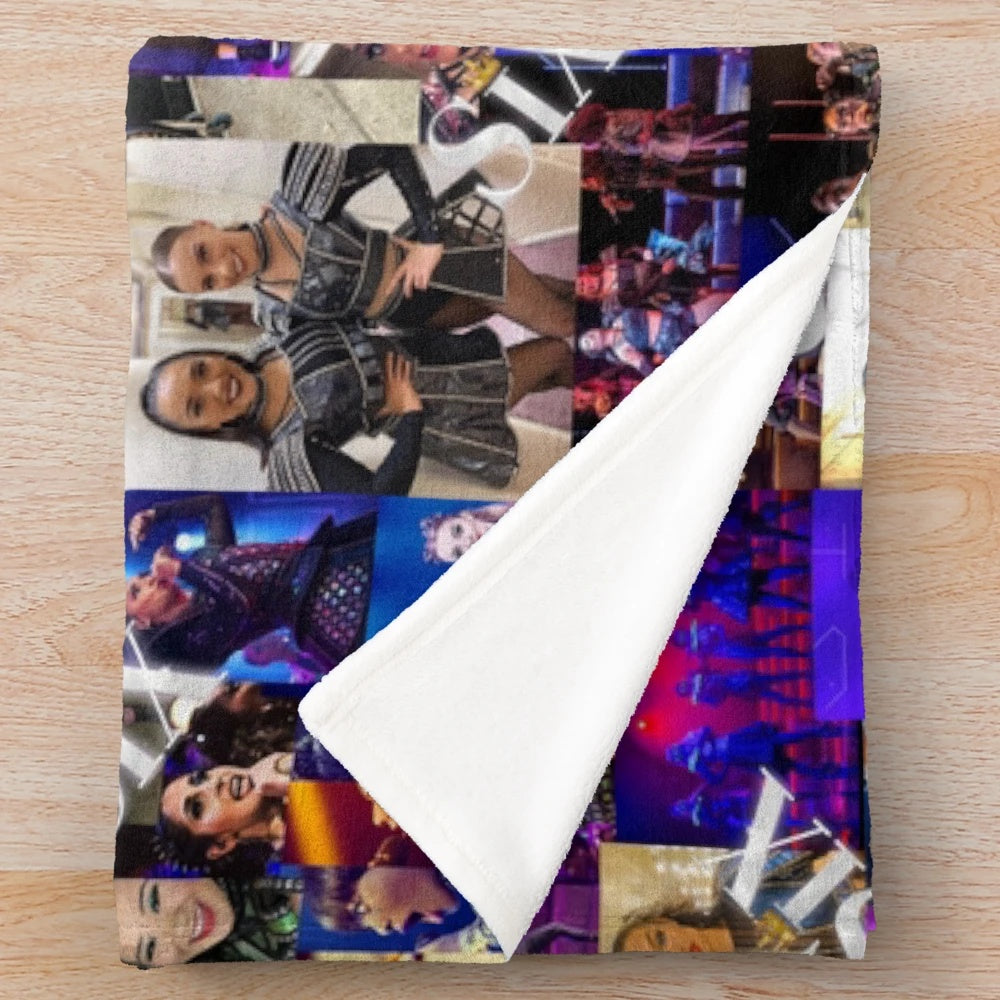 Collage-inspired plush blanket featuring characters from the musical "Six