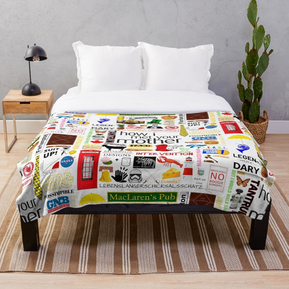 Cozy plush blanket with collage design inspired by the TV series How I Met Your Mother