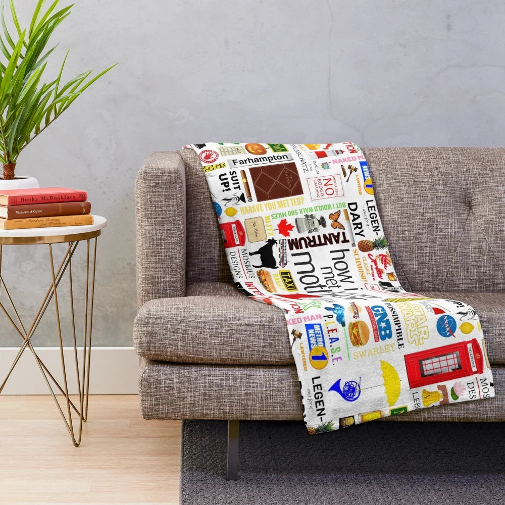 Cozy plush blanket with collage design inspired by the TV series How I Met Your Mother