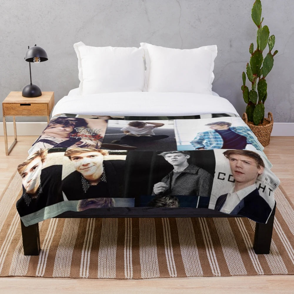 Collage-inspired plush blanket with images of Thomas Brodie-Sangster as Newt from The Maze Runner