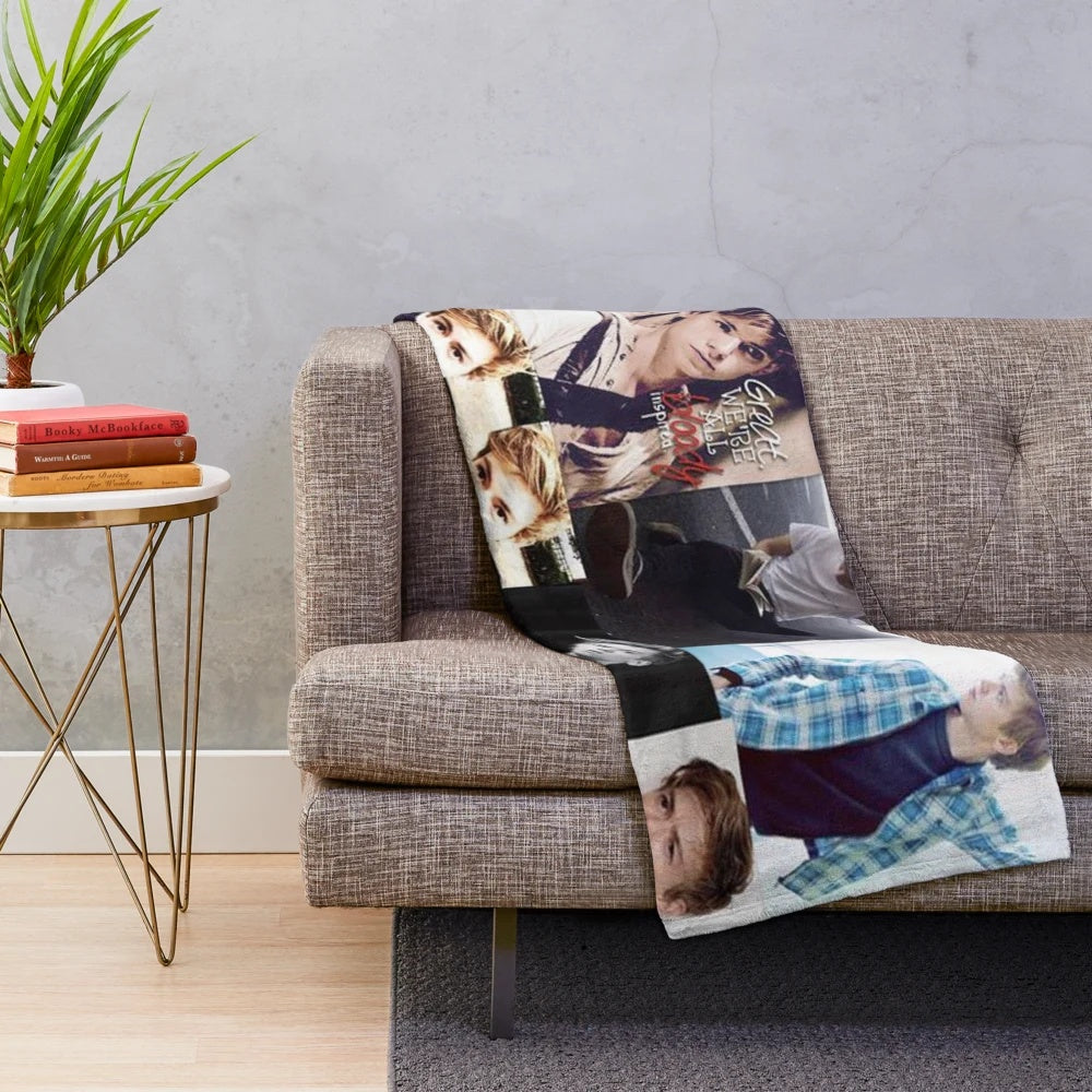 Collage-inspired plush blanket with images of Thomas Brodie-Sangster as Newt from The Maze Runner