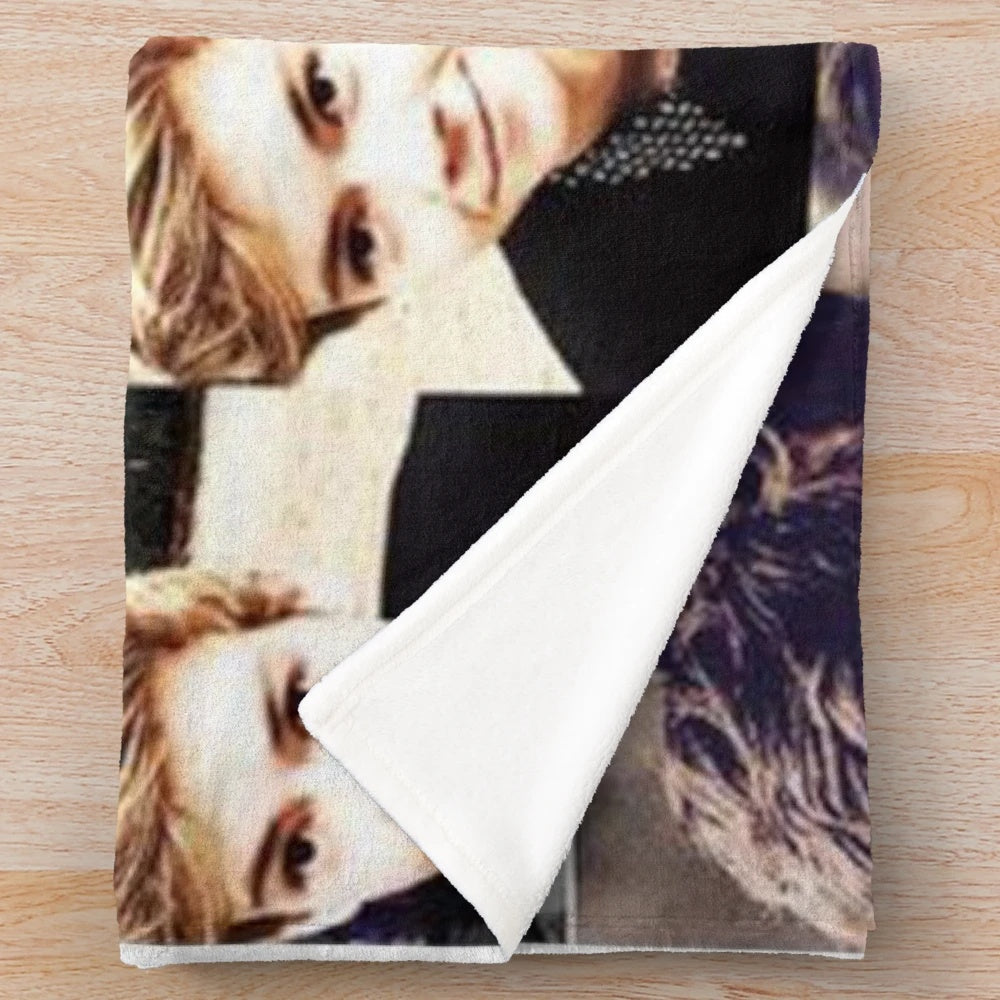 Collage-inspired plush blanket with images of Thomas Brodie-Sangster as Newt from The Maze Runner
