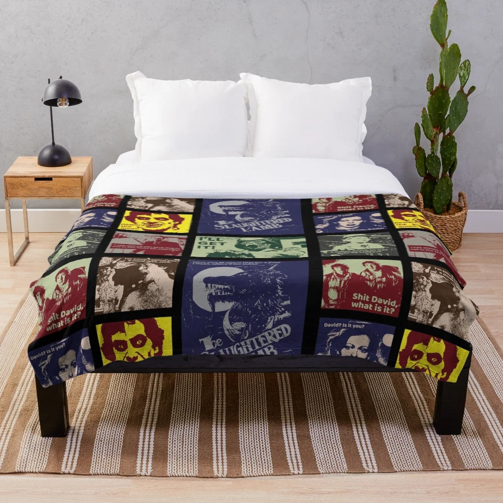 Collage-inspired plush blanket with horror comedy cult classic werewolf imagery