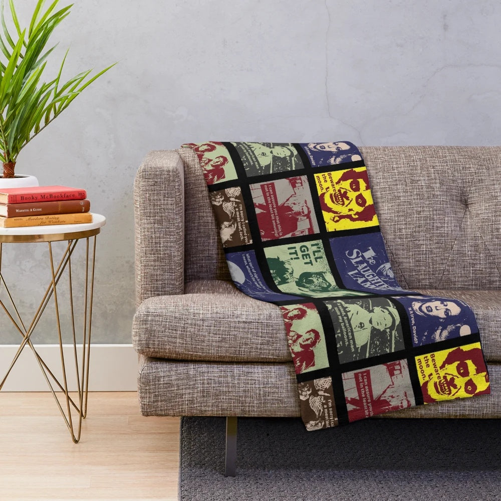 Collage-inspired plush blanket with horror comedy cult classic werewolf imagery