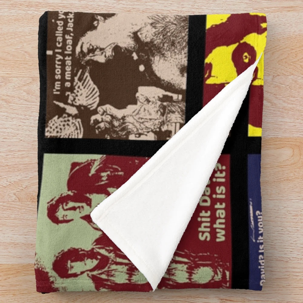 Collage-inspired plush blanket with horror comedy cult classic werewolf imagery