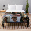 Collage-inspired plush blanket featuring the Conrad Fisher characters
