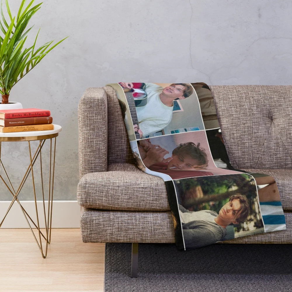 Collage-inspired plush blanket featuring the Conrad Fisher characters