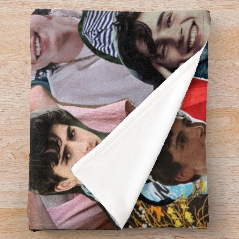 Collage-inspired plush blanket featuring an artistic design of actor Timothy Chalamet