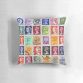 Pillow featuring a collage of postage stamps from the British Commonwealth with an image of Queen Elizabeth
