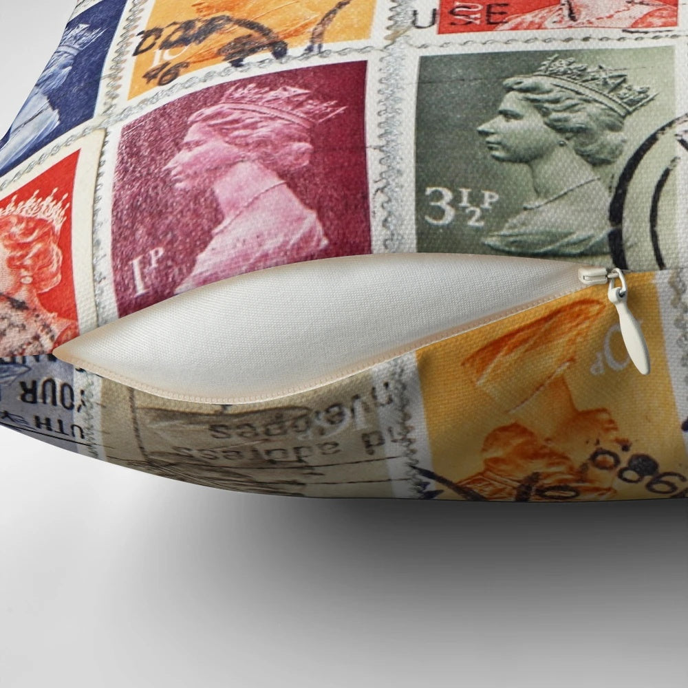 Pillow featuring a collage of postage stamps from the British Commonwealth with an image of Queen Elizabeth