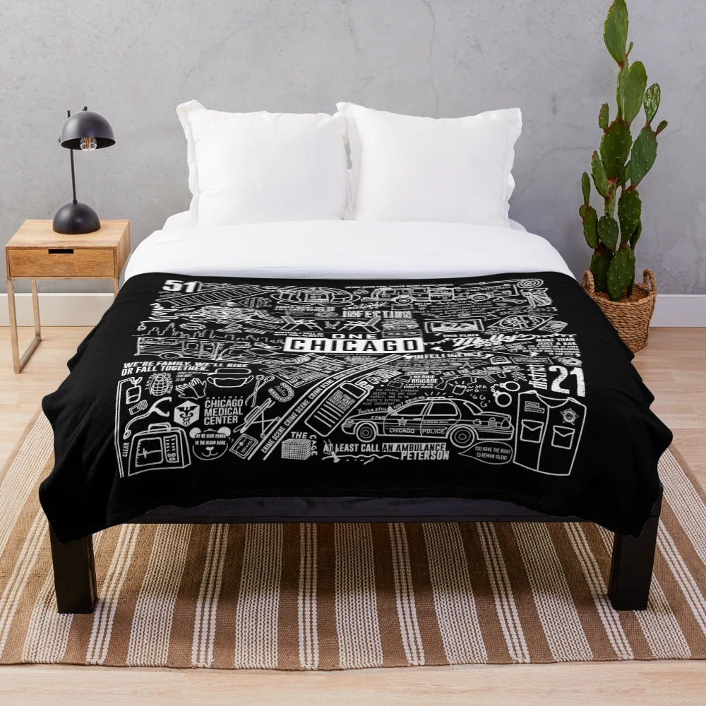 Collage of Chicago TV Show Characters on Black Plush Blanket