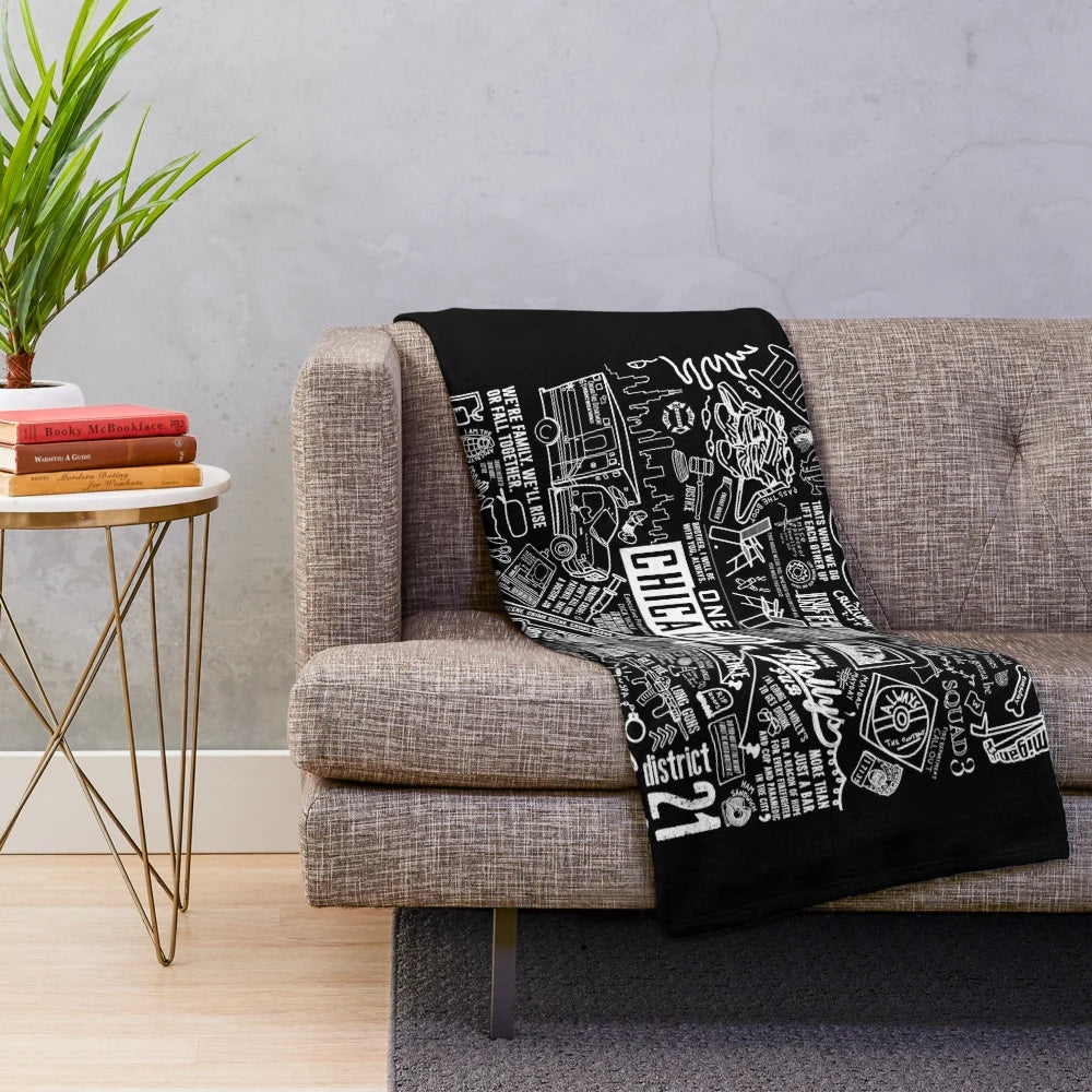 Collage of Chicago TV Show Characters on Black Plush Blanket