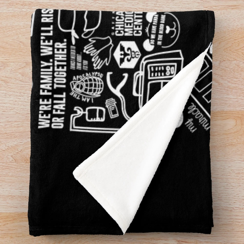 Collage of Chicago TV Show Characters on Black Plush Blanket