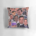 Collage-style pillow featuring iconic characters and quotes from the TV series The Office, starring Steve Carell as Michael Scott.