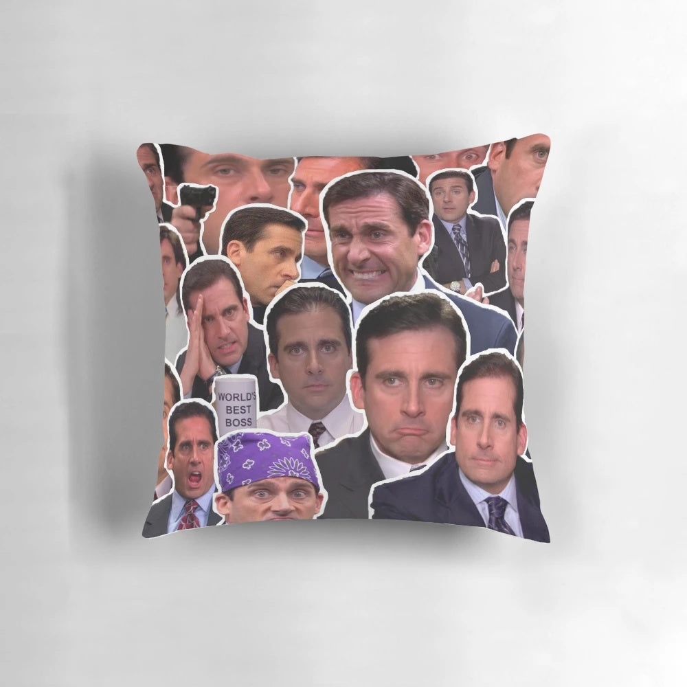 Collage-style pillow featuring iconic characters and quotes from the TV series The Office, starring Steve Carell as Michael Scott.