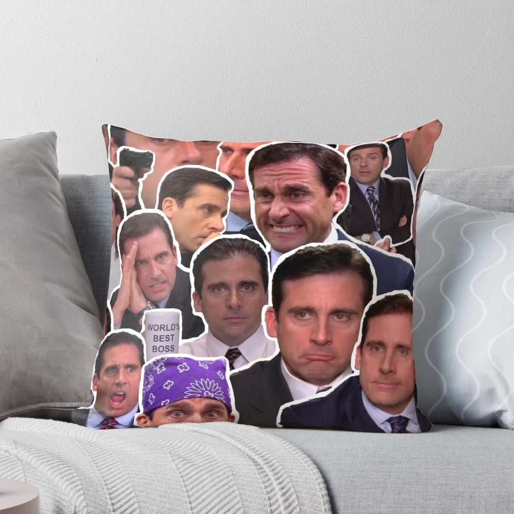Collage-style pillow featuring iconic characters and quotes from the TV series The Office, starring Steve Carell as Michael Scott.