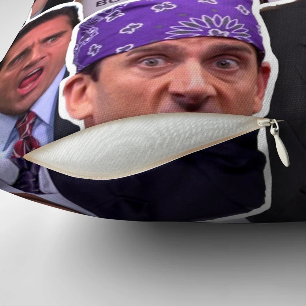 Collage-style pillow featuring iconic characters and quotes from the TV series The Office, starring Steve Carell as Michael Scott.