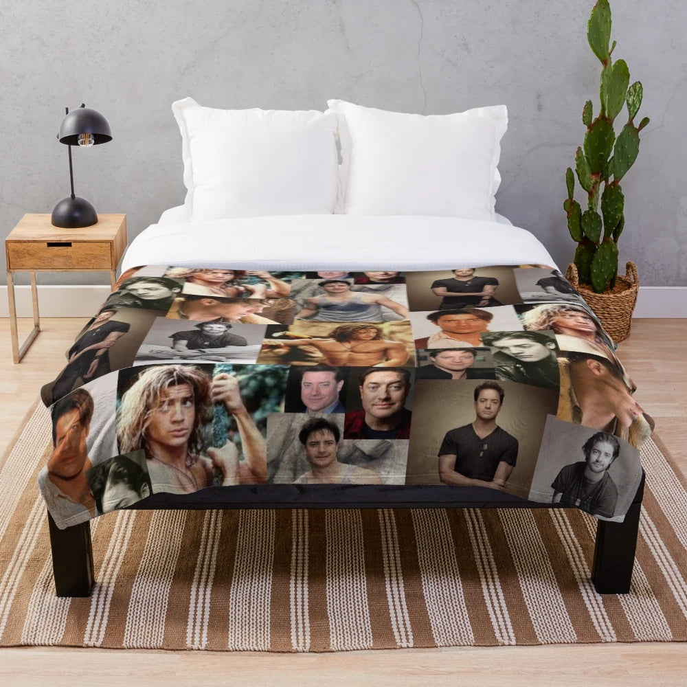 Collage plush blanket with images of actor Brendan Fraser