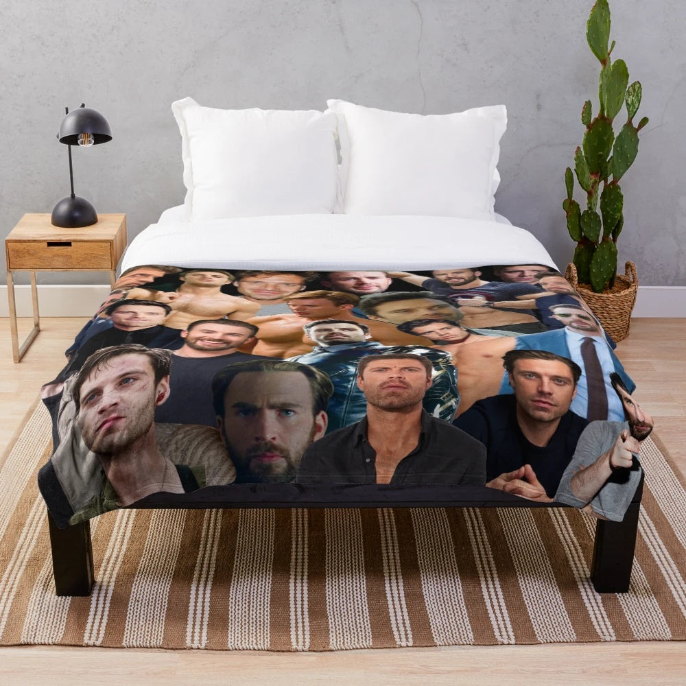 Plush blanket with collage design of Chris Evans and Sebastian Stan as Bucky Barnes and Steve Rogers