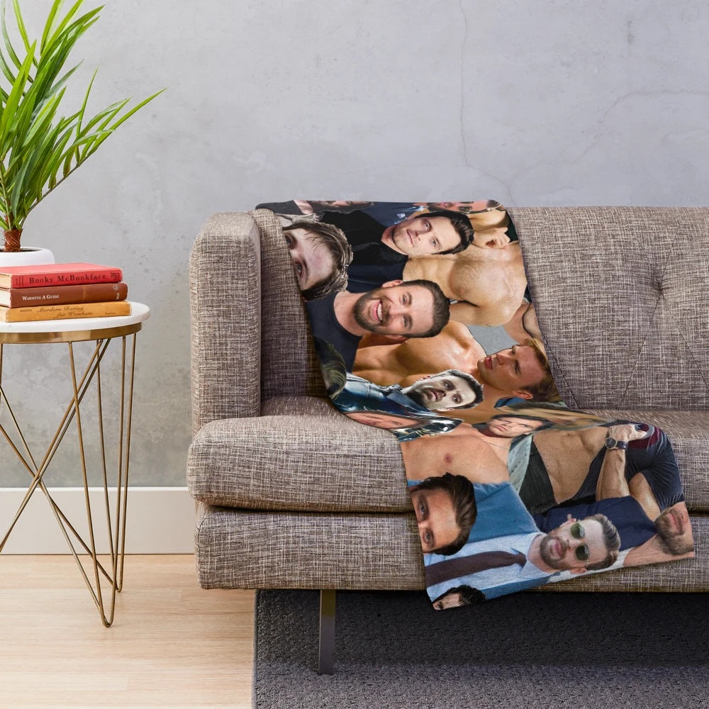 Plush blanket with collage design of Chris Evans and Sebastian Stan as Bucky Barnes and Steve Rogers