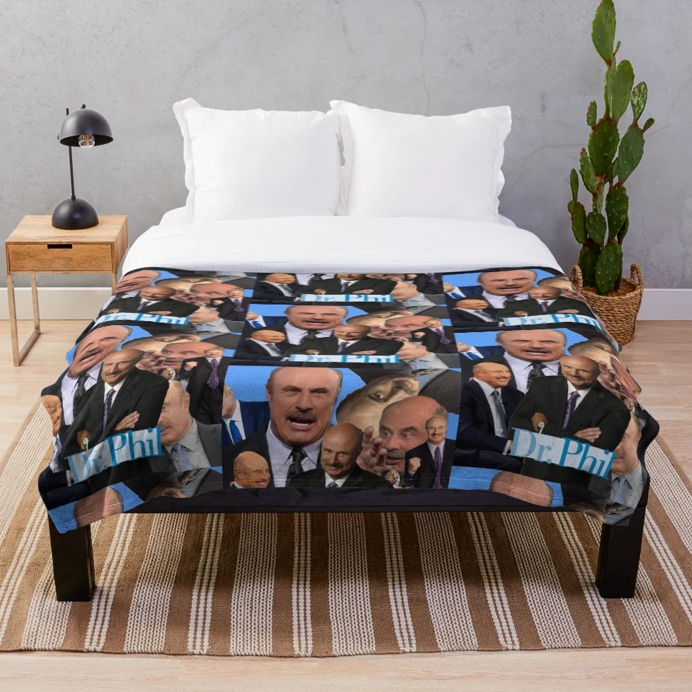 Collage plush blanket with Dr. Phil's bald head, suit, and tie
