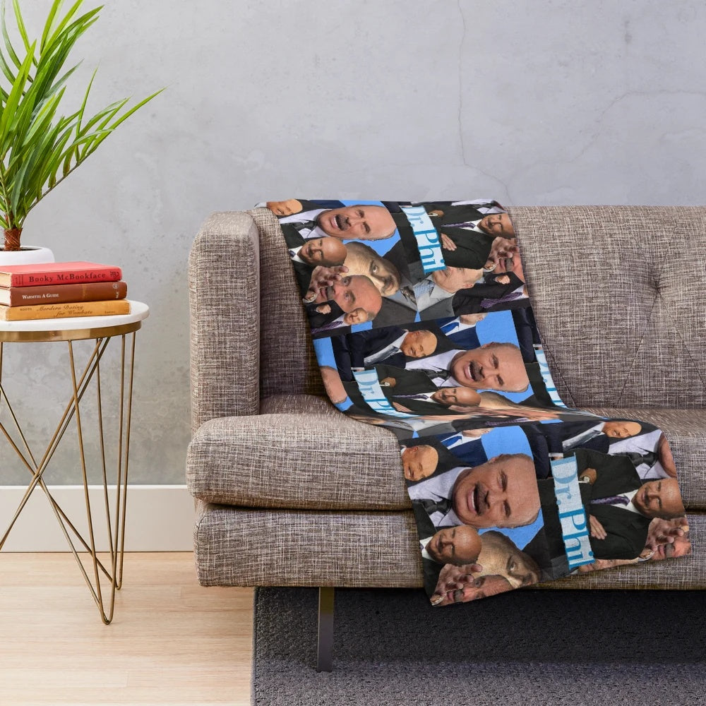 Collage plush blanket with Dr. Phil's bald head, suit, and tie