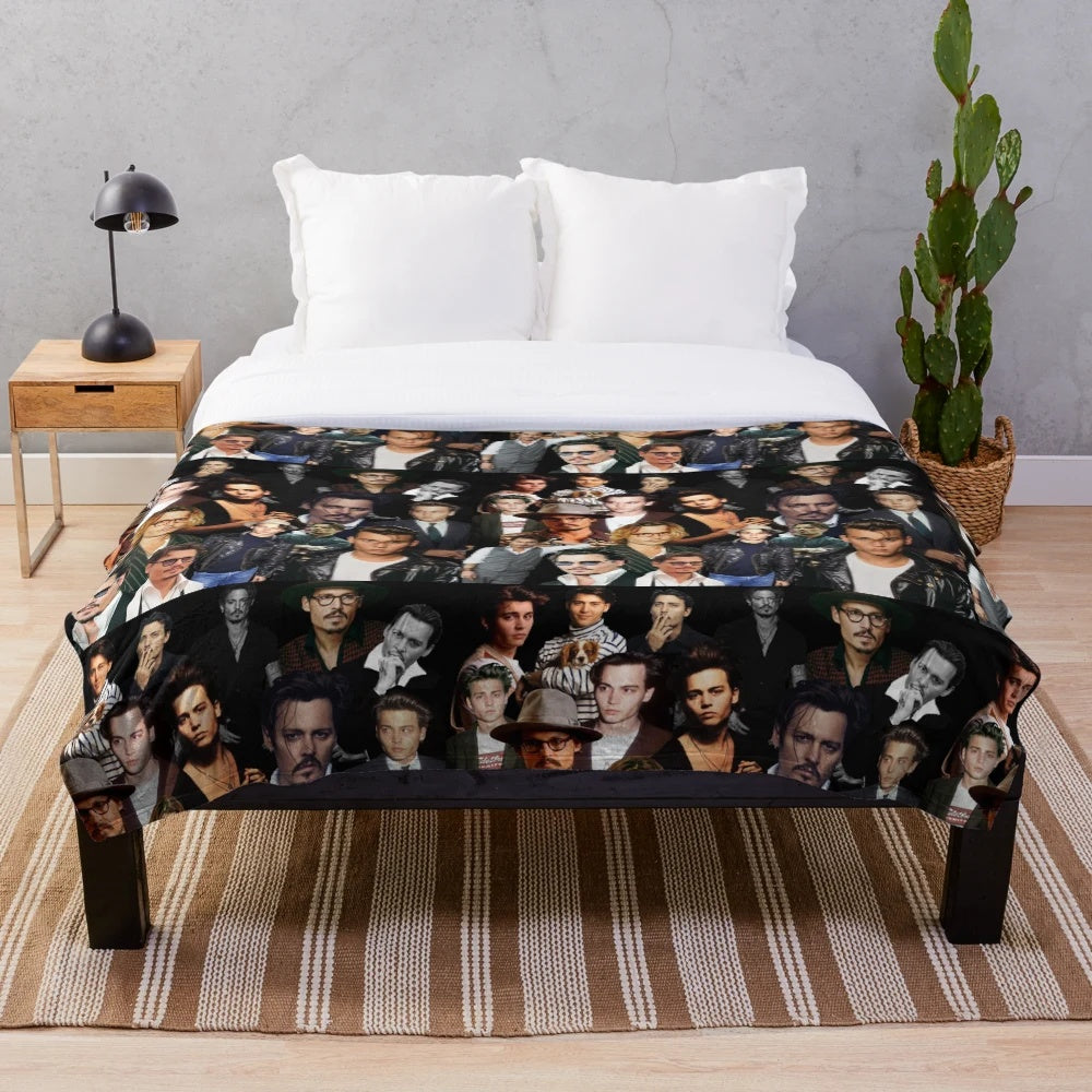 Collage of Johnny Depp in various movie roles on a plush blanket