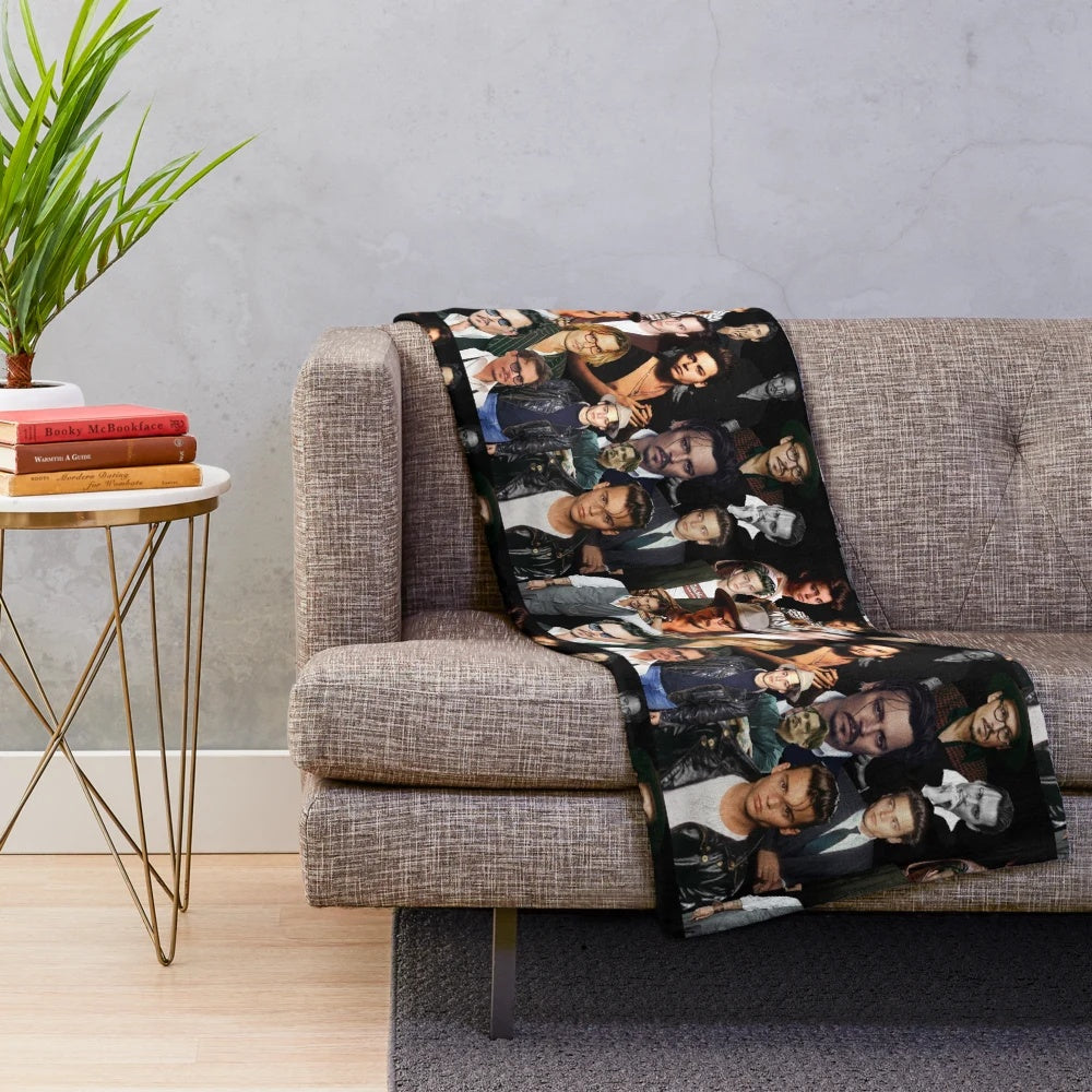 Collage of Johnny Depp in various movie roles on a plush blanket